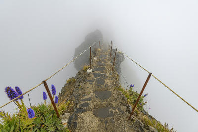 Stone mountain path with safety cables near Pico do Arieiro, disappearing into low cloud along a narrow volcanic ridge.