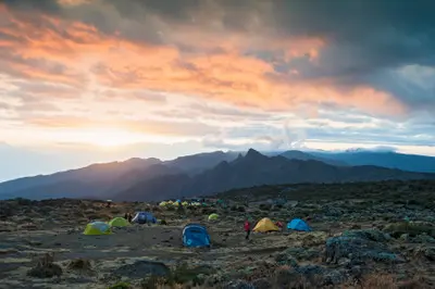 Sunset over Shira Camp on Mount Kilimanjaro, Tanzania, at an altitude of approximately 3,750 metres above sea level.