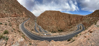Winding switchback road through the canyon landscapes of Dades Gorge in Morocco