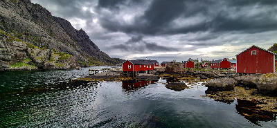 Nusfjord fishing village with rorbuer on Flakstadøya, Lofoten Islands, Norway