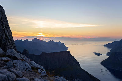 Grytetippen ridge Senja Norway view over fjords and islands at sunset