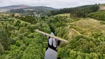 Aerial view of Kielder Viaduct, a disused stone railway bridge with multiple arches spanning a river amid dense forest in Northumberland, England.