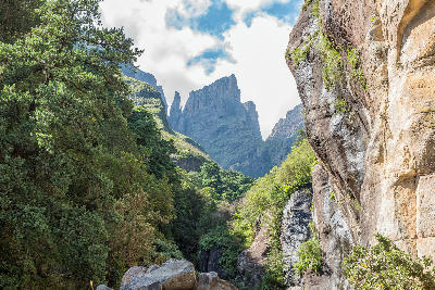 View from Tugela Gorge towards Devil's Tooth and Toothpick peaks beneath the Amphitheatre escarpment in the northern Drakensberg.
