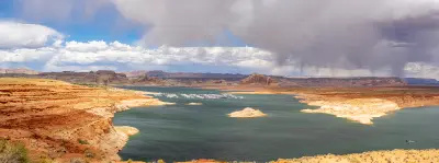 Wahweap Bay Lake Powell storm clouds marina sandstone landscape Page Arizona