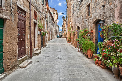 Narrow stone street with flower pots and medieval buildings in the historic centre of Pitigliano, Tuscany, Italy.