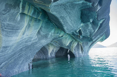 Marble Cathedral caves with turquoise water in Patagonia Chile.