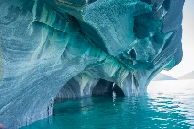 Marble Cathedral caves with turquoise water in Patagonia Chile.