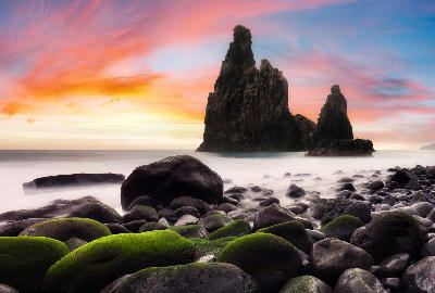 Ilhéu da Ribeira da Janela sea stacks at sunset, with moss-covered rocks in the foreground and long-exposure waves along Madeira’s north coast, Portugal.