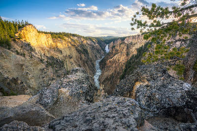 View from Artist Point showing Lower Falls and the Yellowstone River cutting through the canyon at sunset in Yellowstone National Park.