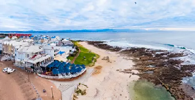 Aerial view of the Mossel Bay beachfront, tidal pool and rocky shoreline on South Africa's Garden Route