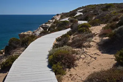 Boardwalk winds through coastal scrub towards Island Rock Lookout above the Indian Ocean.