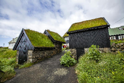 Grass-roofed black wooden houses in Gásadalur village on Vágar Island, Faroe Islands, along a narrow paved path.