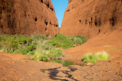 Small waterhole and green vegetation nestled between the towering red rock domes of Kata Tjuta in the Valley of the Winds.