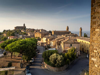 View toward the Church of Madonna del Soccorso from the ramparts of the Fortress of Montalcino, Tuscany, Italy.
