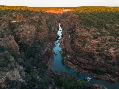 Aerial view of the Murchison River winding through the steep layered gorge at Z Bend.