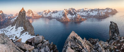 Panoramic fjord view of Mefjorden with Segla peak and surrounding mountains