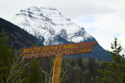Mount Edith Cavell sign with snow-covered mountain peak in the background