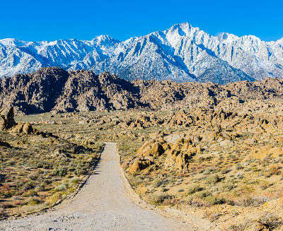 alabama hills dirt road mount whitney massif eastern sierra nevada granite boulders california landscape