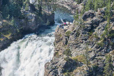People standing at the brink viewpoint of the Upper Falls overlooking the Yellowstone River