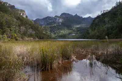 Lake Vera surrounded by dense forest and mountains on the Frenchmans Cap Track in Tasmania.