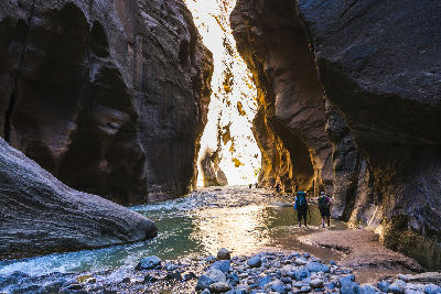 Hikers walking through the Virgin River in The Narrows with light filtering into the canyon, Zion National Park