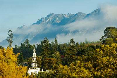 Historic Moederkerk church tower framed by trees and mist-covered Langeberg Mountains in Swellendam, Western Cape.