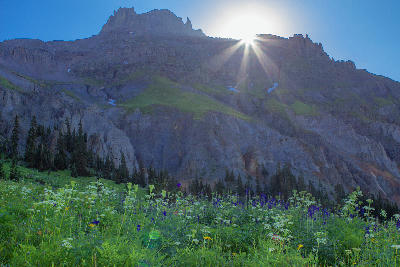 Sun rays over Mount Sneffels above wildflower meadow in Yankee Boy Basin near Ouray, Colorado.