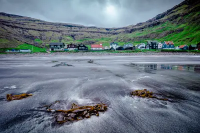View from the beach of the fishing town of Tjørnuvík, in the Faroe Islands.