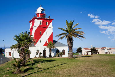 Green Point Lighthouse with its red and white diagonal stripes in Cape Town, South Africa.