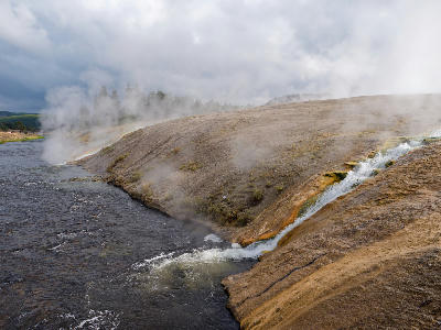Excelsior Geyser Crater runoff Firehole River Yellowstone thermal discharge channel Wyoming