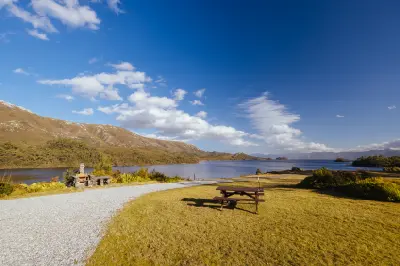 View across Lake Pedder from Lake Pedder Wilderness Lodge in Southwest National Park, Tasmania.