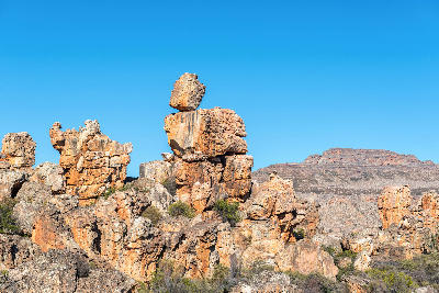 Balanced sandstone boulder and rock formations along the Vensterklippe Trail near Dwarsrivier in the Cederberg Mountains, Western Cape, South Africa.