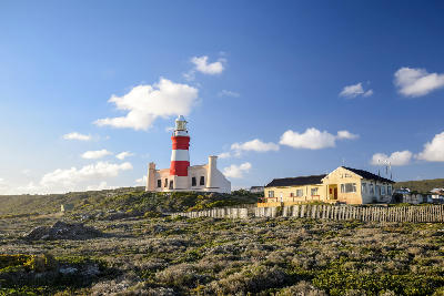 Cape Agulhas Lighthouse above coastal vegetation and historic buildings beneath a blue sky in South Africa.