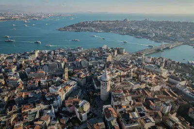 Aerial view of Galata Tower, Galata Bridge, the Golden Horn and Bosphorus in Istanbul.