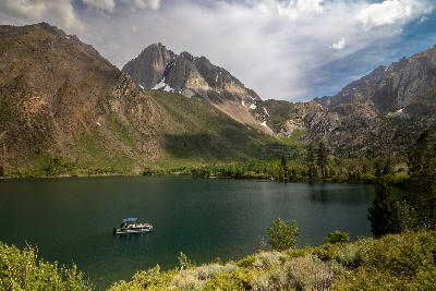 fishing boat on convict lake eastern sierra nevada california alpine lake granite peaks