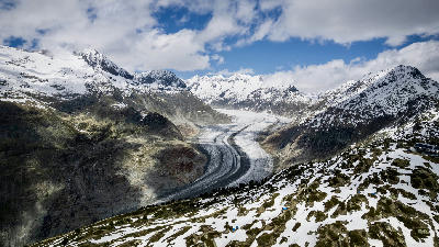 Aletsch Glacier curving through a wide alpine valley surrounded by snow-covered peaks in the Swiss Alps.