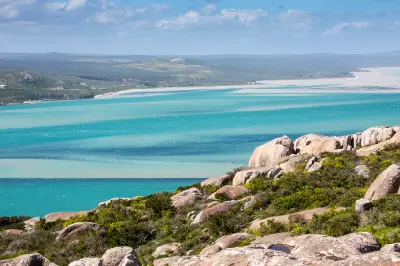 Turquoise channels and white sandbanks of Langebaan Lagoon viewed from the Postberg section of West Coast National Park, South Africa.