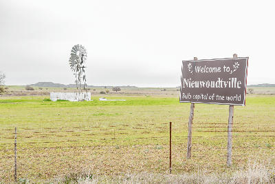 Welcome sign at Nieuwoudtville in the Northern Cape, South Africa, known as the Bulb Capital of the World.