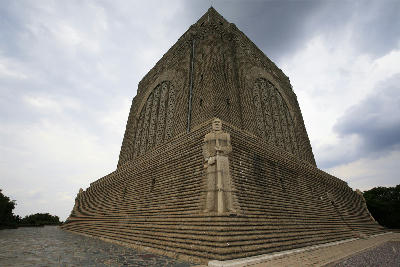 Corner view of the Voortrekker Monument in Pretoria showing its massive granite walls and monumental Art Deco design.
