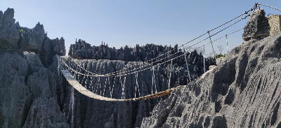 Suspension bridge spanning the limestone pinnacles of Tsingy de Bemaraha National Park in western Madagascar