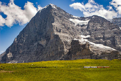 North face of the Eiger rising above alpine meadows with a Jungfraujoch train crossing near Kleine Scheidegg, Bernese Oberland, Switzerland.