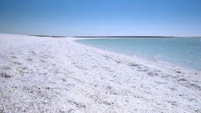 White shells cover the sweeping curved shoreline beside calm turquoise water at Shell Beach.
