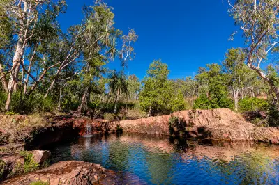 Calm natural swimming pool bordered by reddish sandstone rocks and tropical woodland at Buley Rockhole in Litchfield National Park, Northern Territory, Australia.