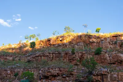 Warm sunlight illuminates the layered red sandstone cliffs and scattered trees along the walls of Chamberlain Gorge.