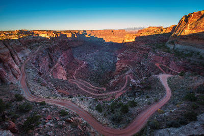 Shafer Trail winding through steep canyon switchbacks below Shafer Canyon Overlook in Canyonlands National Park Utah