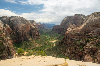 View from Angels Landing summit overlooking Zion Canyon and Virgin River in Zion National Park