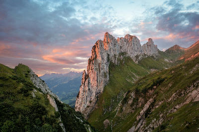 Saxer Lücke limestone ridge at sunset above the Alpstein mountains, Switzerland.