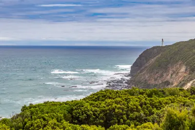 Cape Otway Lightstation on a high coastal headland above the rocky Southern Ocean shoreline in Victoria, Australia.