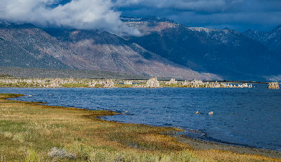 Mono Lake shoreline grasses distant tufa towers Eastern Sierra Mono Basin California