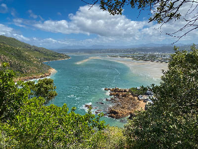 View from Knysna Heads across the turquoise entrance channel, sandbanks and Knysna Lagoon on South Africa's Garden Route.